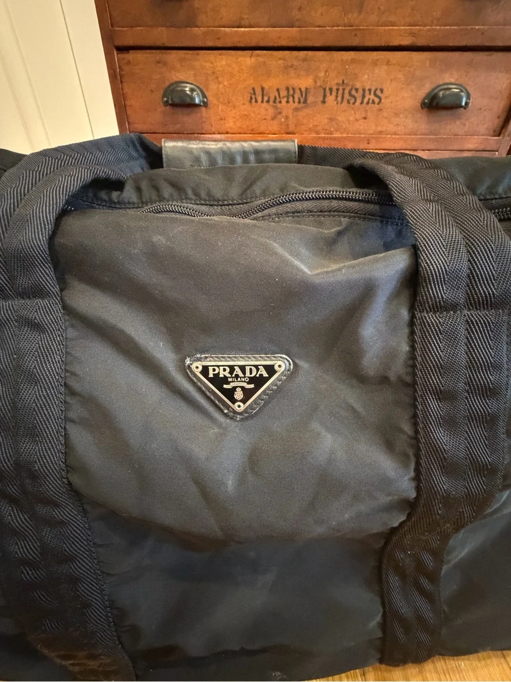 Prada Black Nylon Duffel Bag with Logo Plaque